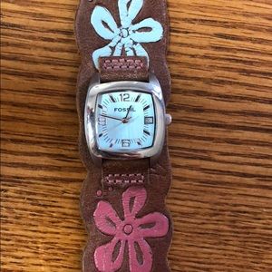 Fossil watch blue pink flowers brown leather
